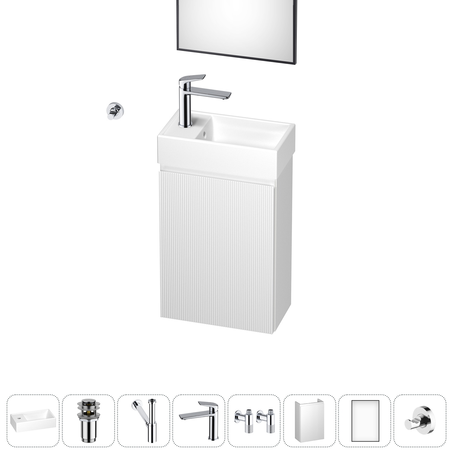 

Тумба с раковиной Wellsee WC Area 40 L подвесная, белый (зеркало, донный клапан, сифон, смеситель, угловые вентили, крючок (цвет набора хром)), Белый матовый, 202010511