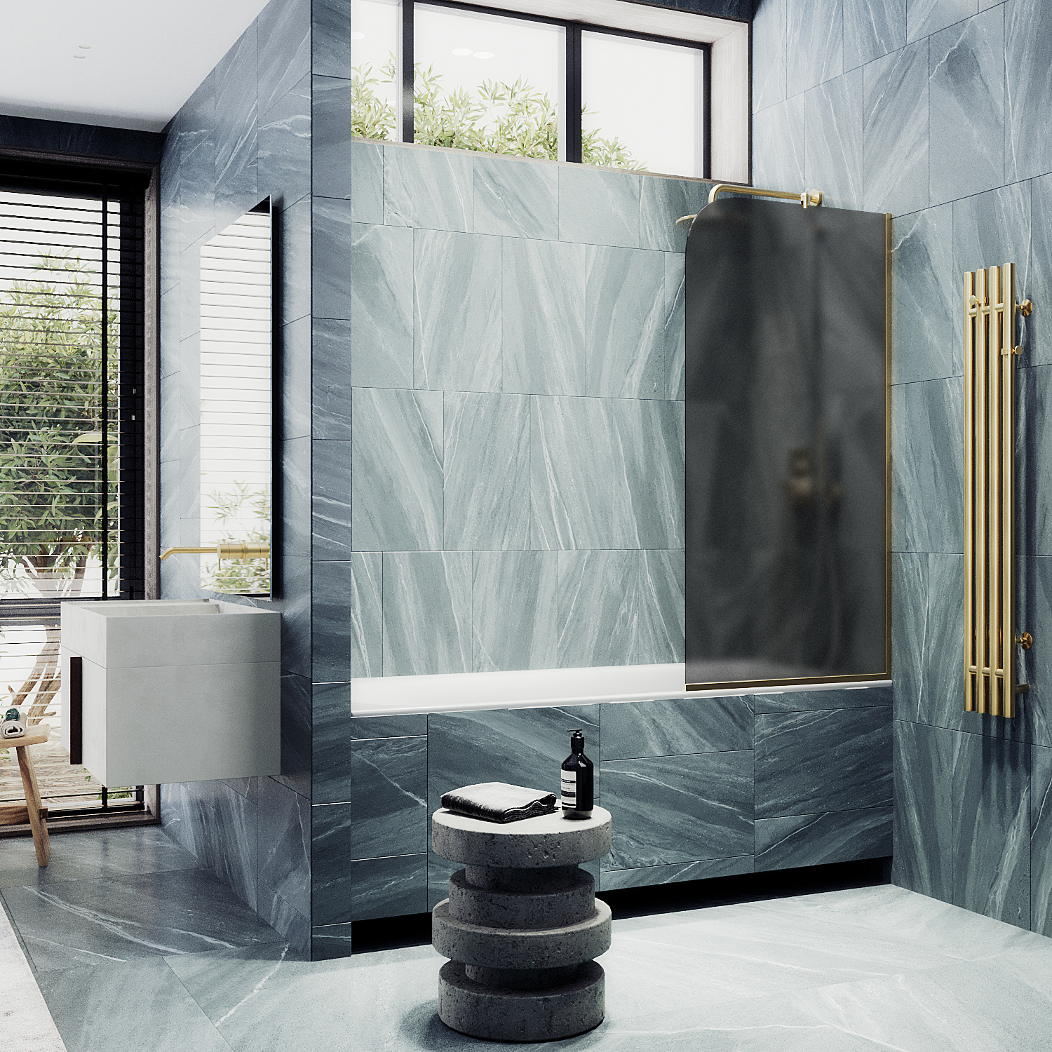 

Шторка на ванну Maybah Glass MGV-129-3у 34х140 см, профиль золото, стекло графит матовый, MGV-129-3у