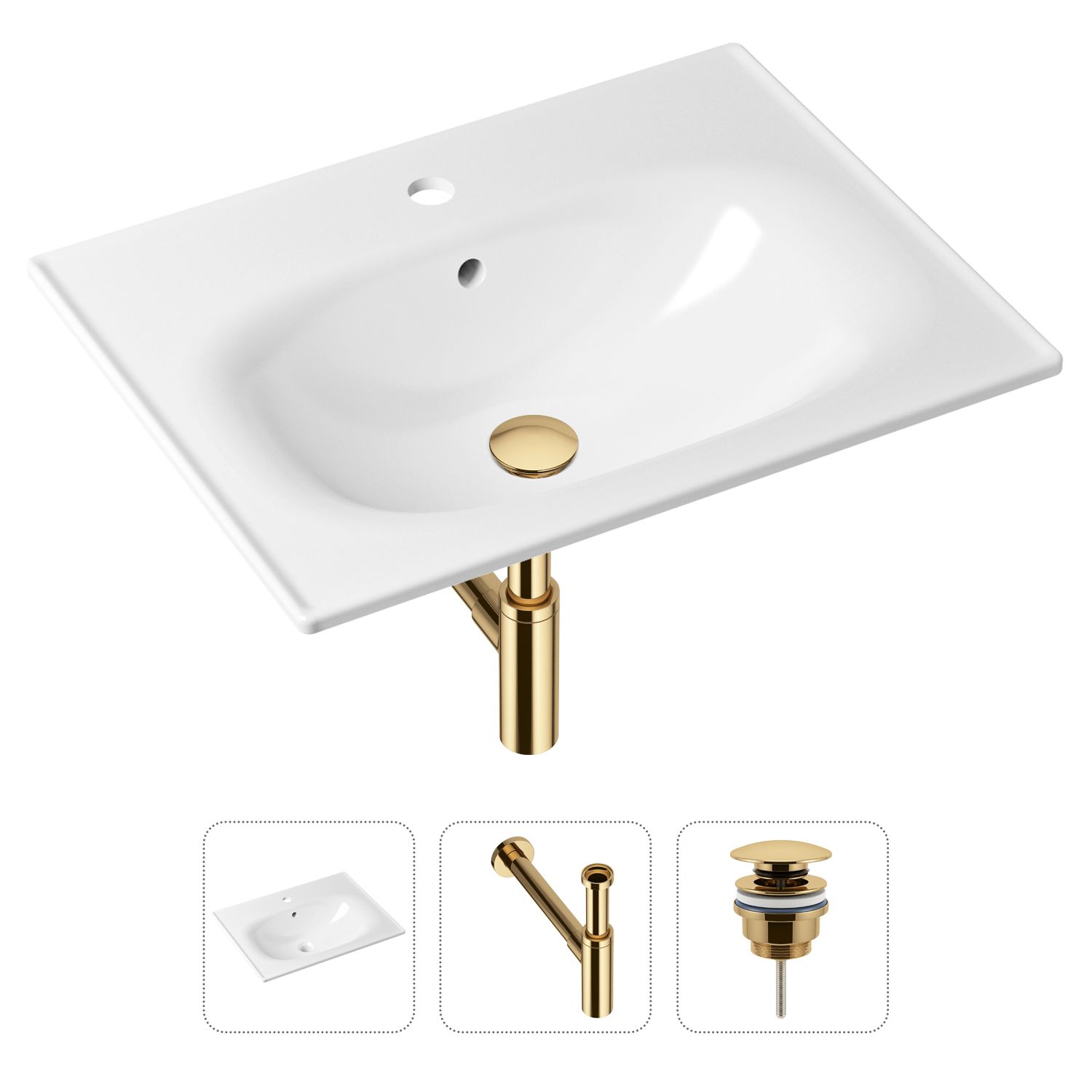 

Комплект 3 в 1 Lavinia Boho Bathroom Sink 21520472: врезная фарфоровая раковина 60 см, металлический сифон, донный клапан, Белый, 21520472