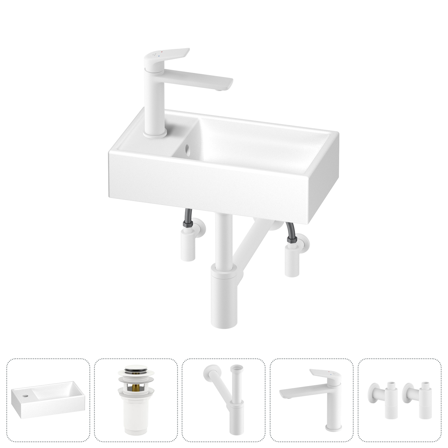 

Раковина Wellsee WC Area 202010502 40х22 с донным клапаном, с сифоном, смесителем и угловыми вентилями (цвет набора матовый белый), 202010502