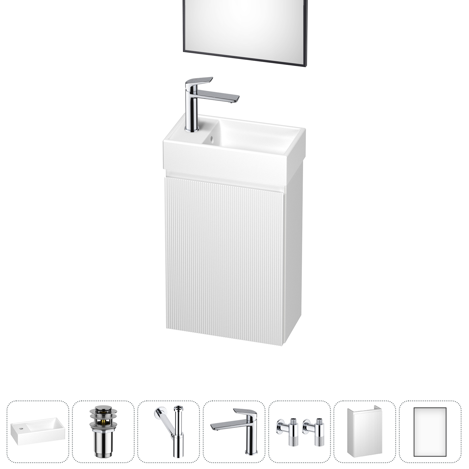 

Тумба с раковиной Wellsee WC Area 40 L подвесная, белый матовый (зеркало, донный клапан, сифон, смеситель, угловые вентили (цвет набора хром)), 202010507