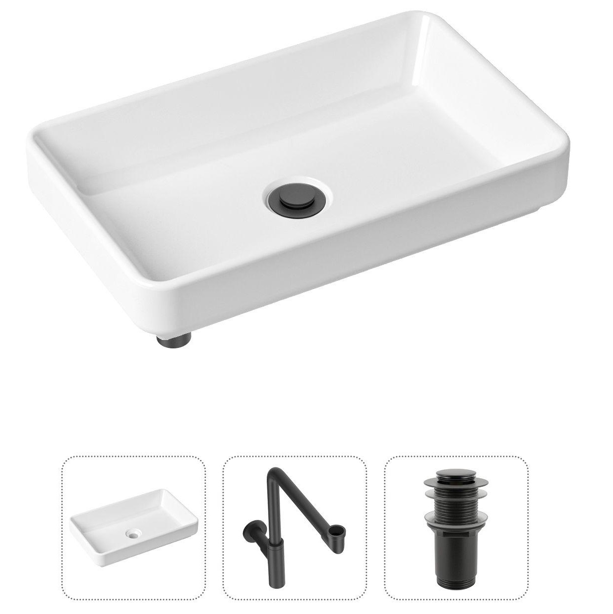 

Комплект 3 в 1 Lavinia Boho Bathroom Sink 21520155: накладная фарфоровая раковина 55 см, металлический сифон, донный клапан, Белый, 21520155