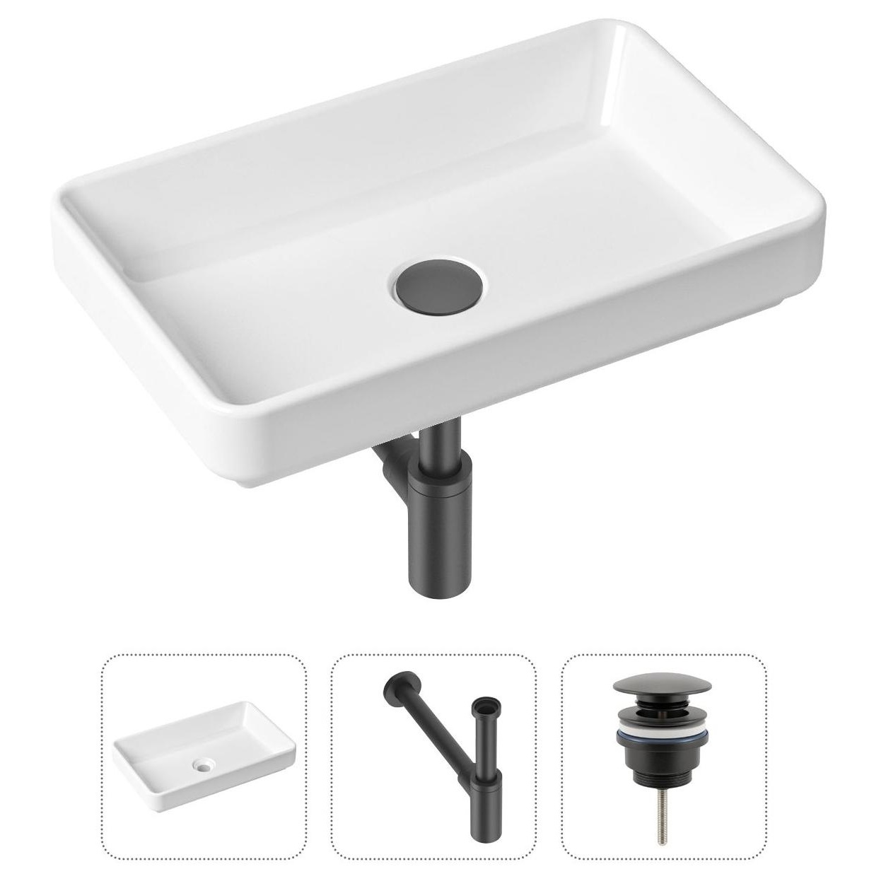 

Комплект 3 в 1 Lavinia Boho Bathroom Sink 21520116: накладная фарфоровая раковина 55 см, металлический сифон, донный клапан, Белый, 21520116