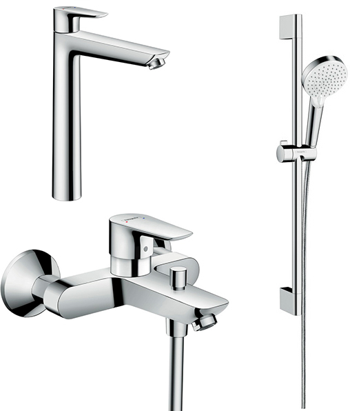 

Комплект для ванной Hansgrohe Смеситель Talis E 71740000 для ванны с душем + Смеситель Talis E 71716000 для раковины + Душевой гарнитур 26532400, Хром, Talis E 71740000