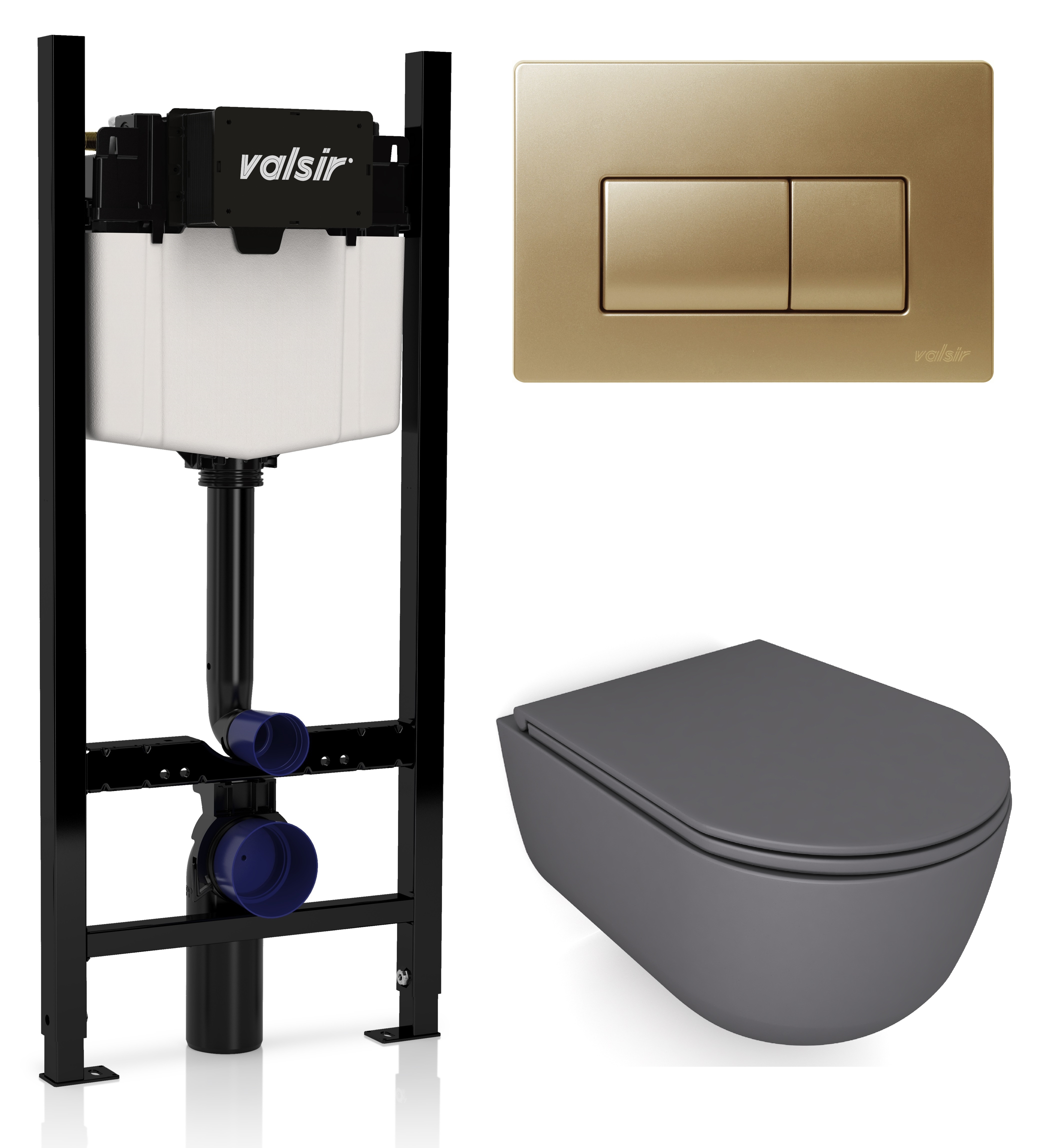 

Комплект унитаз с инсталляцией Valsir KIT VSMG 7334GM Slim P1 + сиденье + кнопка золото матовое, Серый матовый, KIT VSMG 7334GM Slim P1