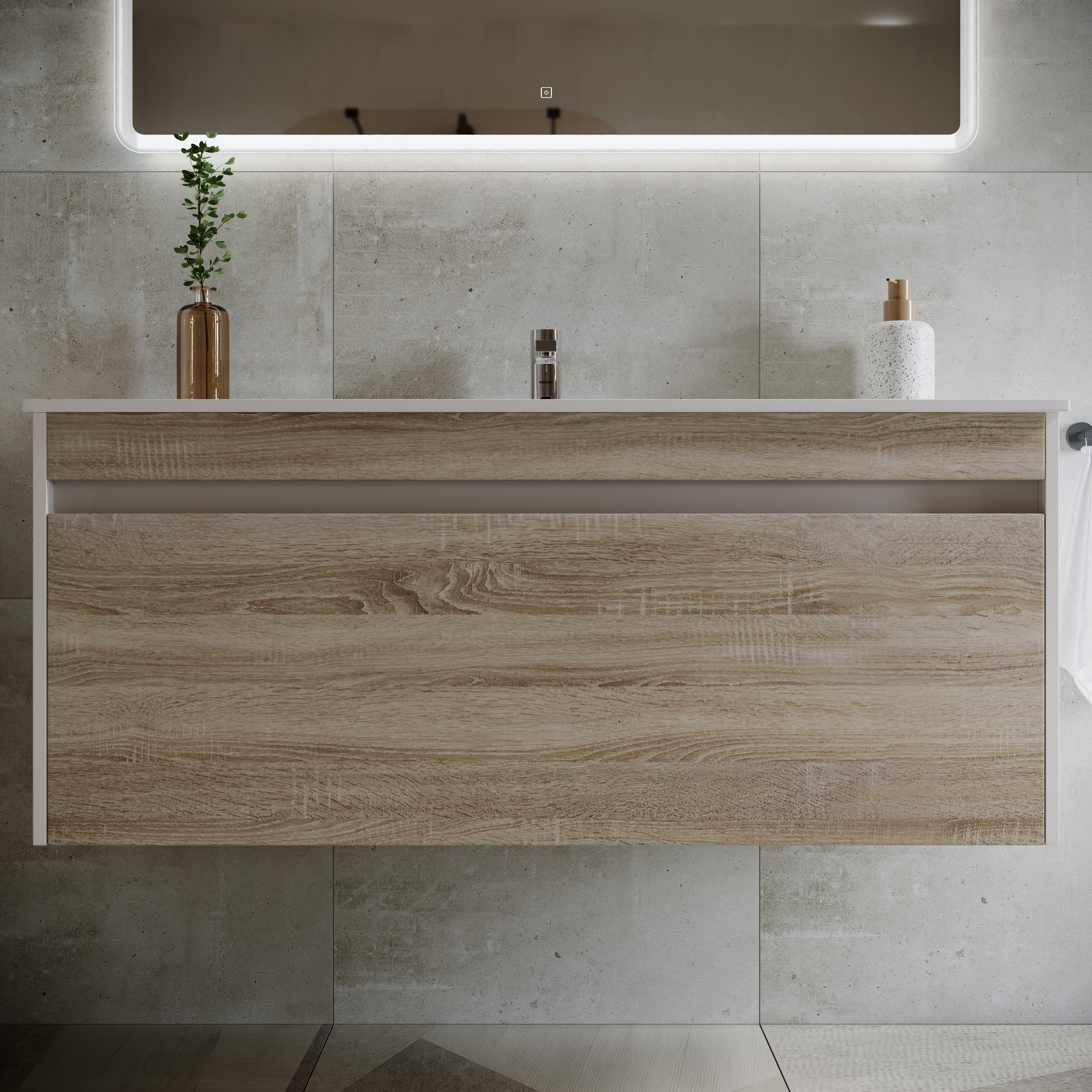 

Тумба с раковиной Sancos Smart 120-1 подвесная, дуб бардолино/белый глянец, Белый/дуб, SM120-1E