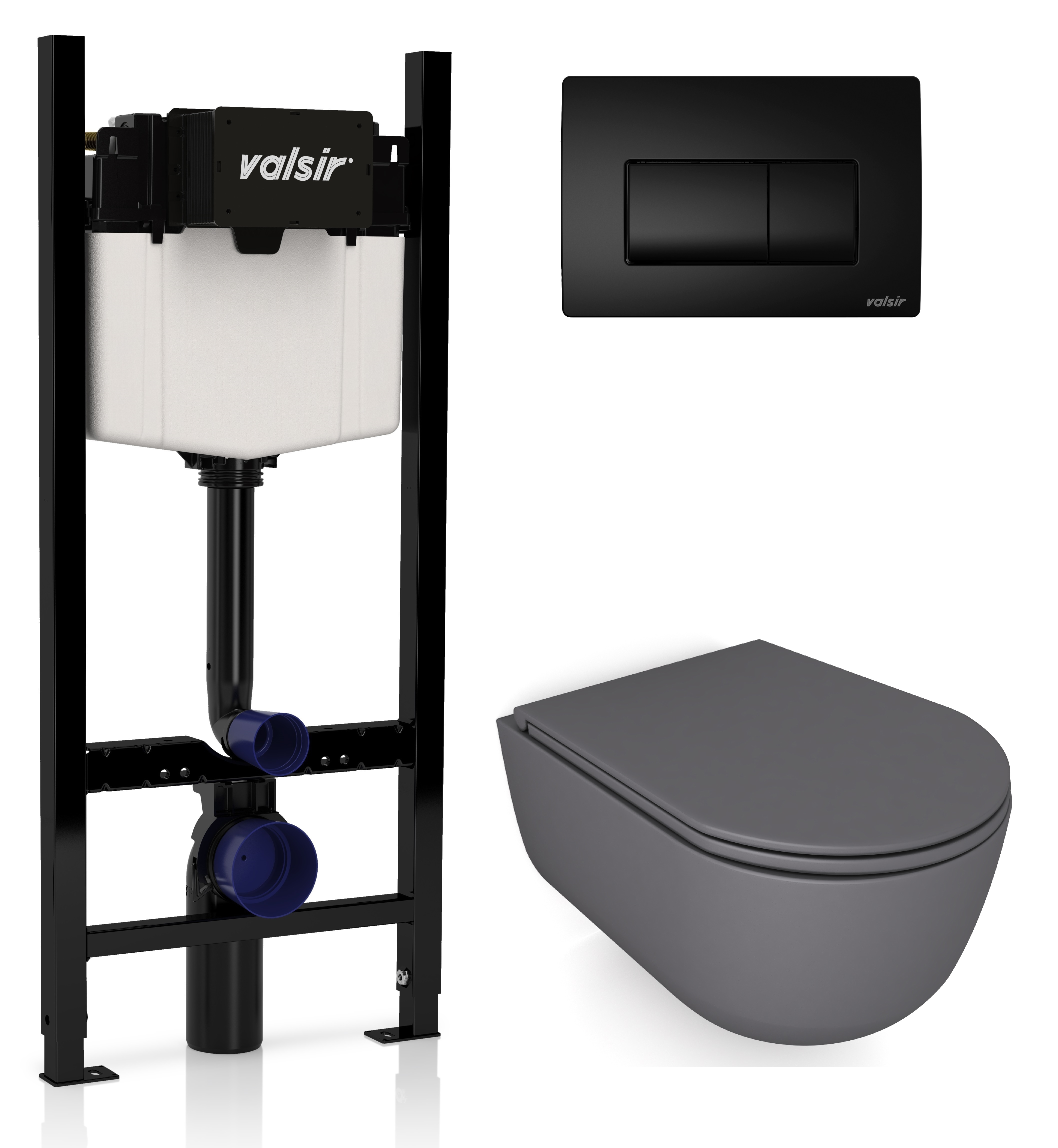 

Комплект унитаз с инсталляцией Valsir KIT VSBM 7334GM Slim P1 + сиденье + кнопка черная матовая, Серый матовый, KIT VSBM 7334GM Slim P1