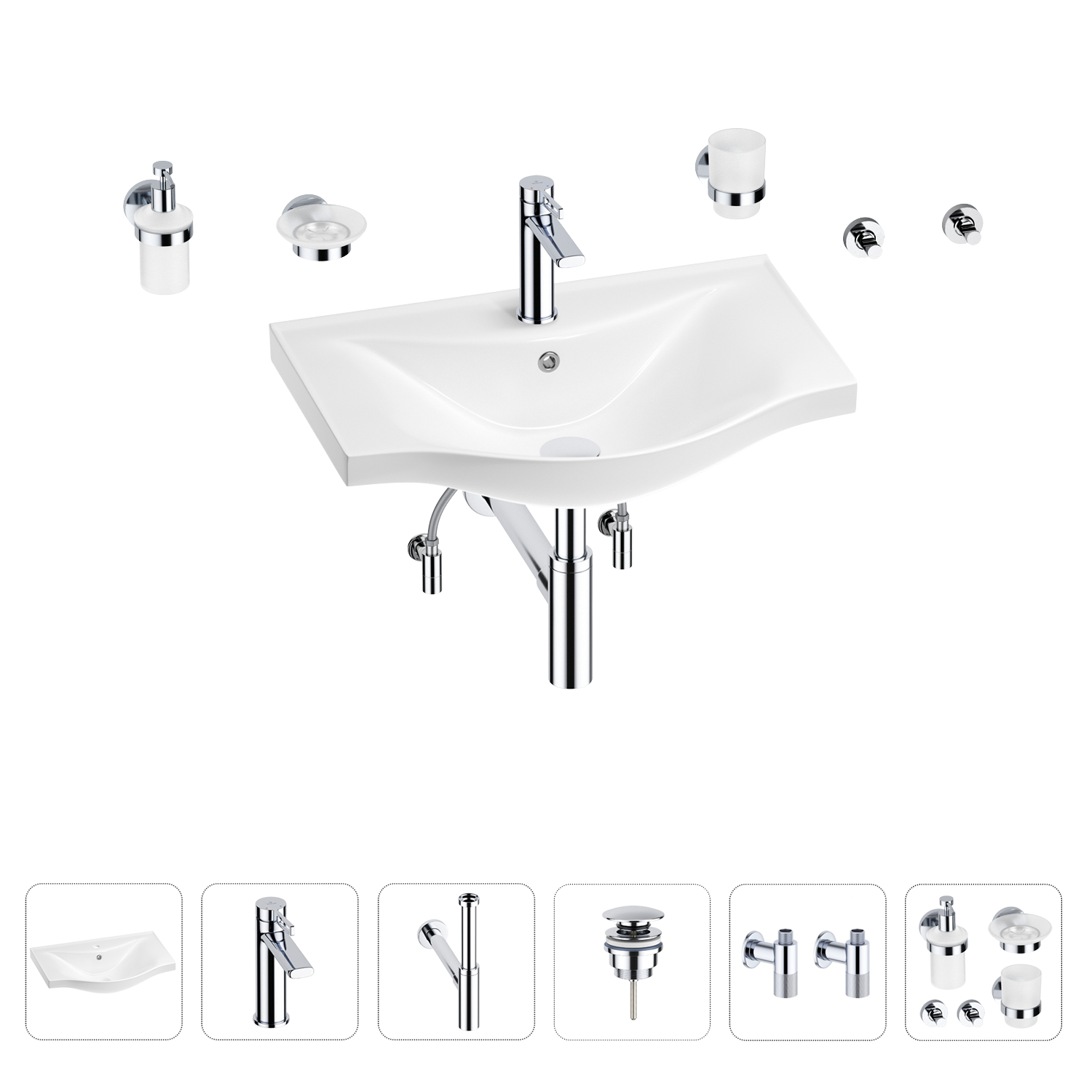 

Раковина для ванной Wellsee Bisou 201007286 в наборе 9 в 1, Нержавеющая сталь, 201007286