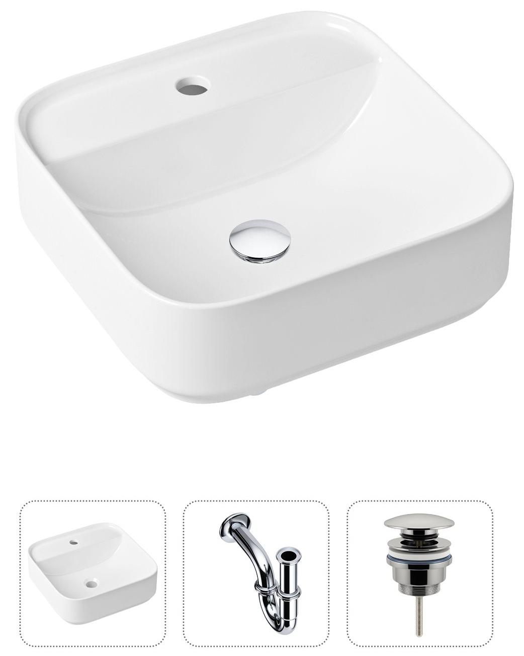 

Комплект 3 в 1 Lavinia Boho Bathroom Sink 21520272: накладная фарфоровая раковина 42 см, металлический сифон, донный клапан, Белый, 21520272