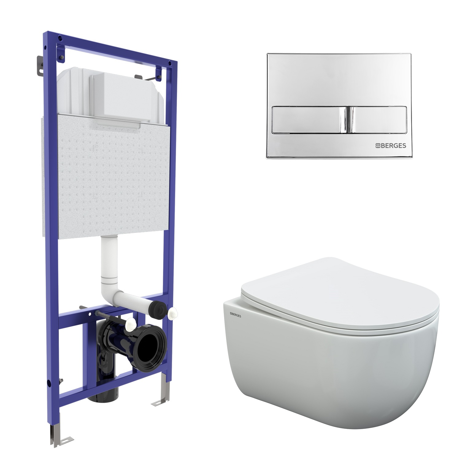 

Комплект Berges 043237 инсталляция Novum 525 + кнопка L3 хром глянец + унитаз Ventas Rimless, Белый/хром, 043237