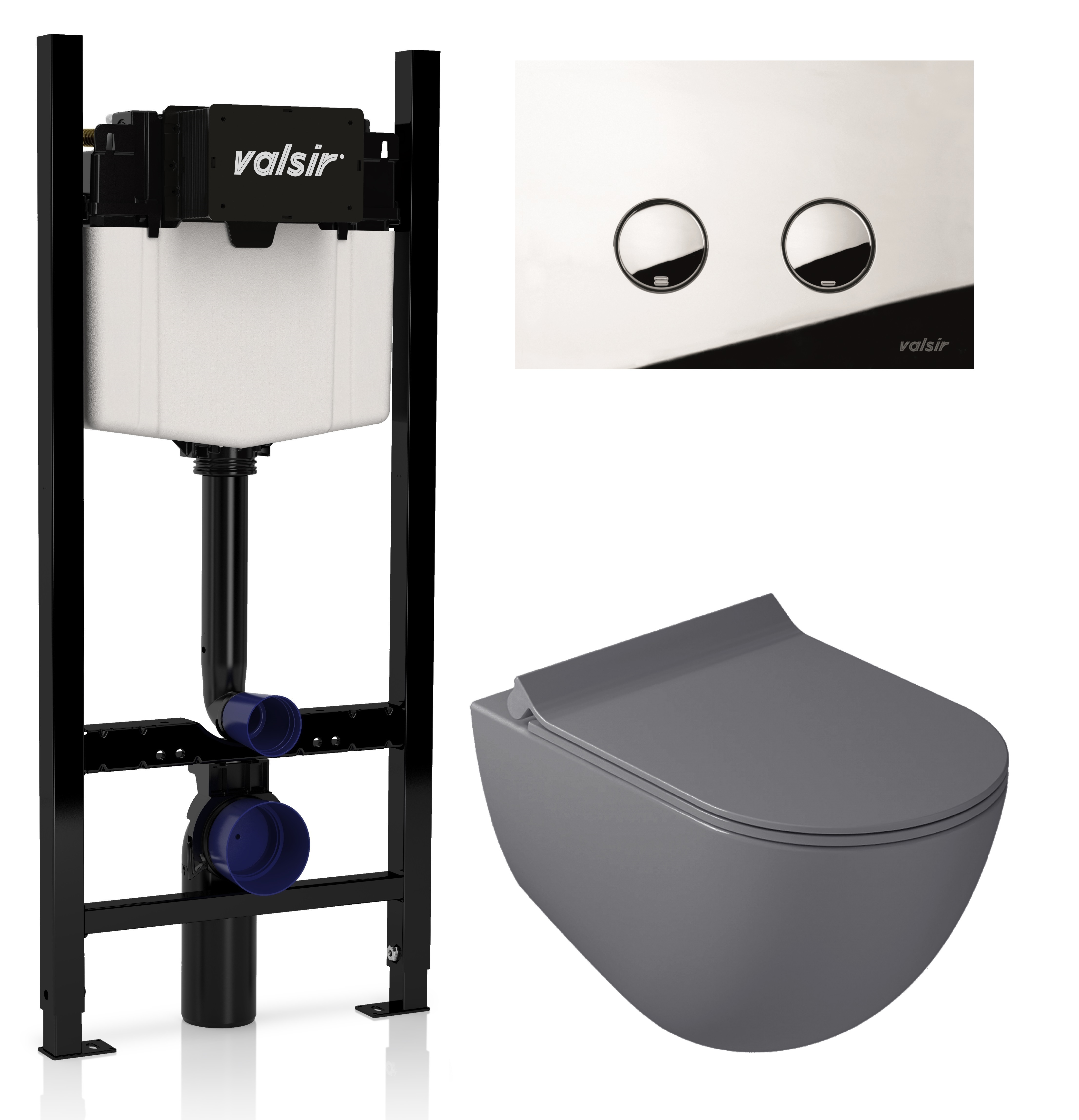 

Комплект унитаз с инсталляцией Valsir KIT VSCR 7317GM Slim P4 + сиденье + кнопка хром глянцевый, Серый матовый, KIT VSCR 7317GM Slim P4