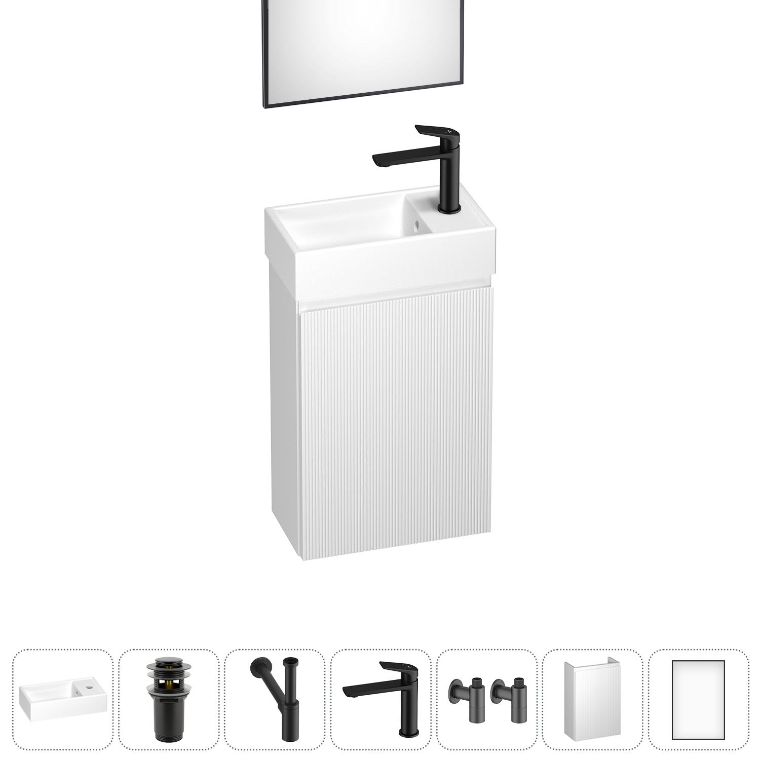 

Тумба с раковиной Wellsee WC Area 40 R подвесная, белый матовый (зеркало, донный клапан, сифон, смеситель, угловые вентили (цвет набора черный)), 202010476