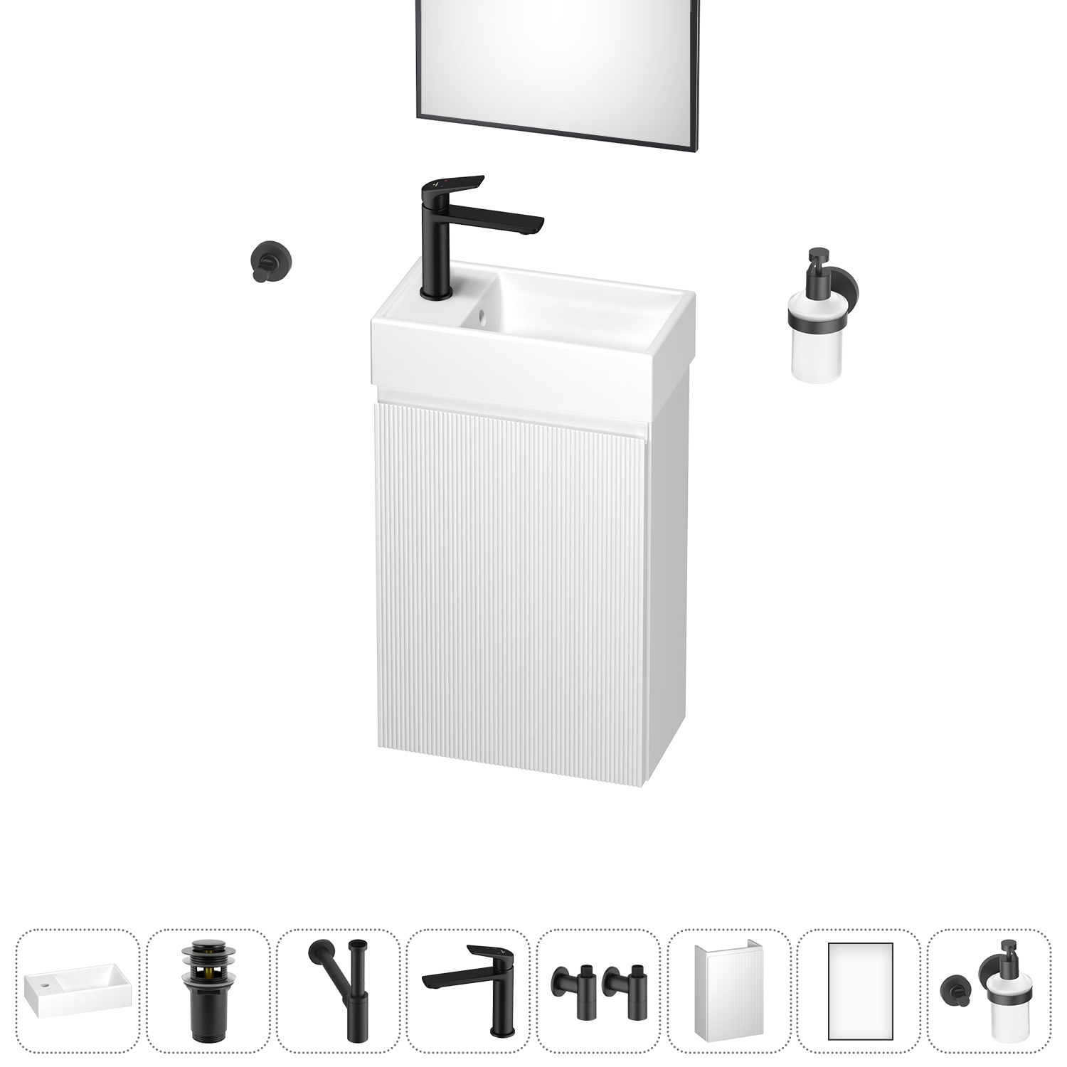 

Тумба с раковиной Wellsee WC Area 40 L подвесная, белый (зеркало, донный клапан, дозатор, сифон, смеситель, угл. вентили, крючок (цвет набора черный)), Белый матовый, 202010516