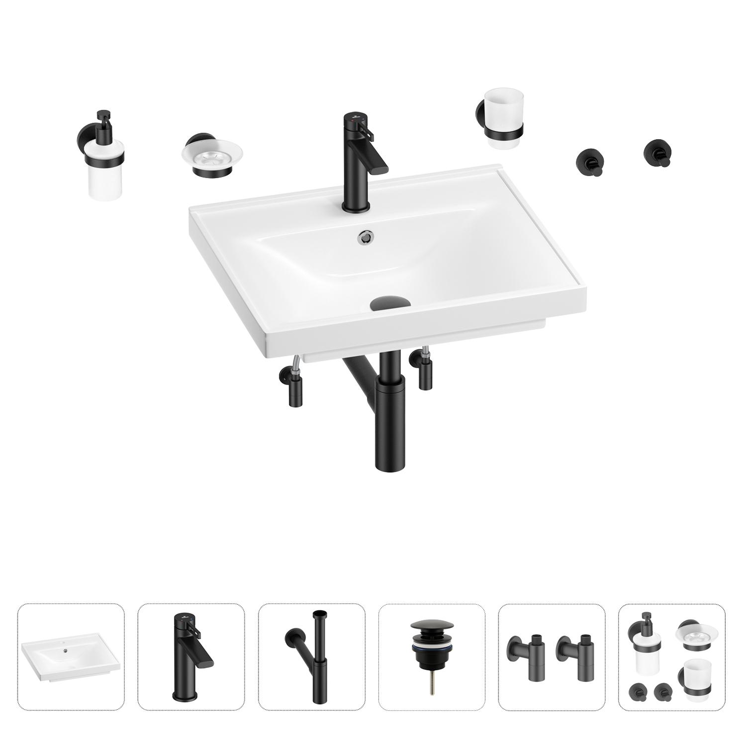 

Раковина для ванной Wellsee FreeDom 201006937 в наборе 9 в 1, Черный, 201006937