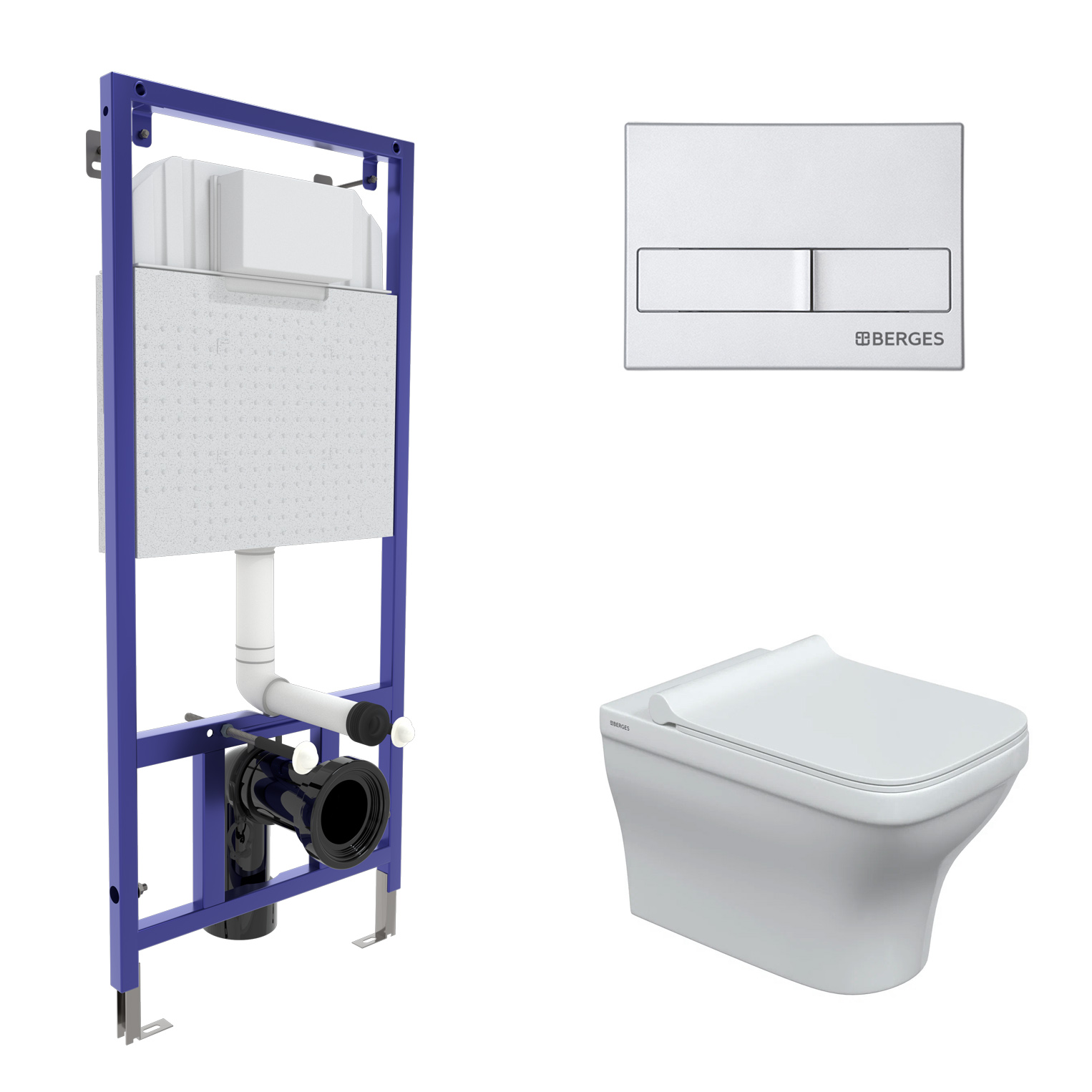 

Комплект Berges Wasserhaus 042453 инсталляция Novum + унитаз Strati Rimless + кнопка L2 хром матовый, Белый, 042453