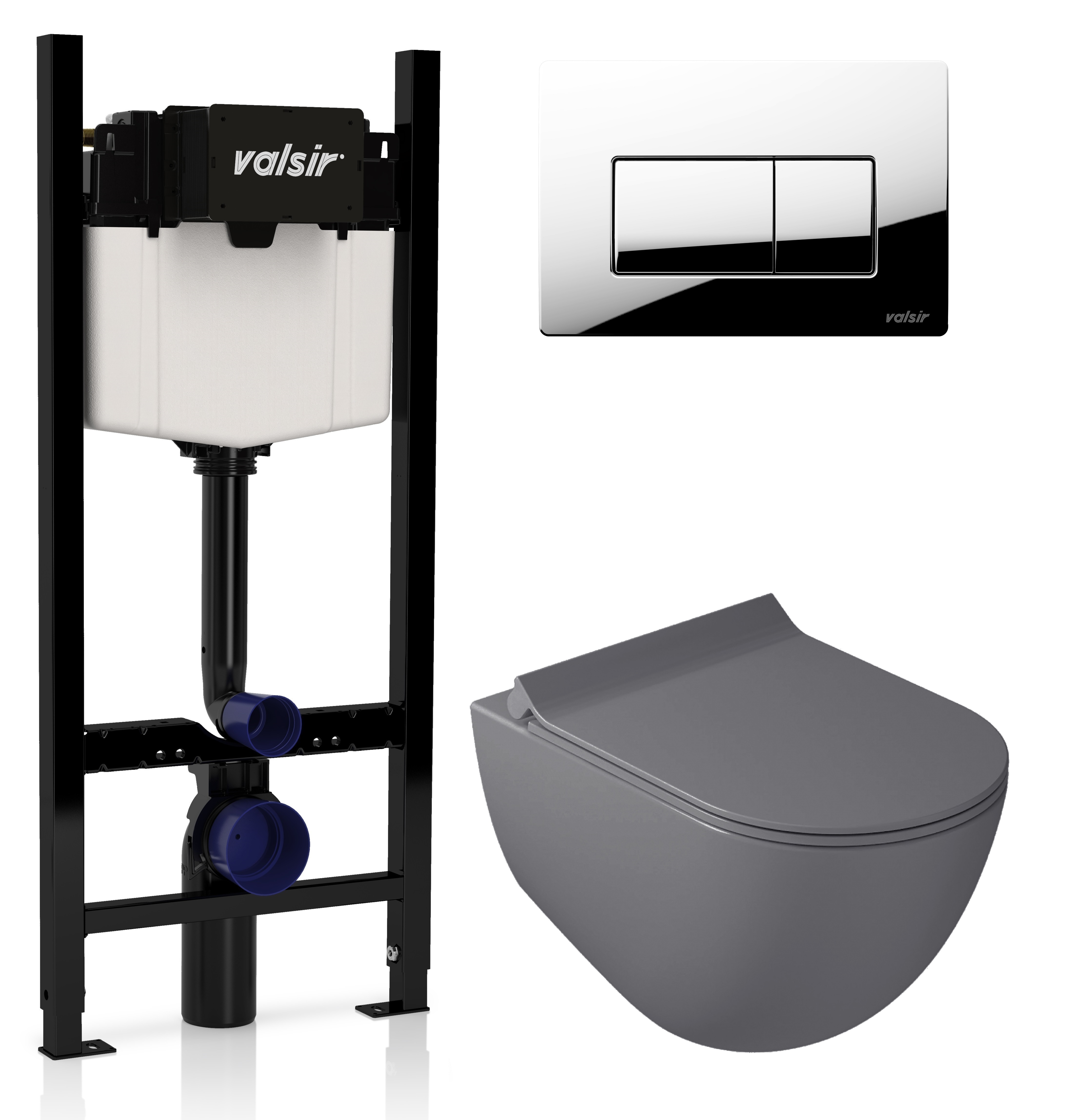 

Комплект унитаз с инсталляцией Valsir KIT VSCR 7317GM Slim P1 + сиденье + кнопка хром глянцевый, Серый матовый, KIT VSCR 7317GM Slim P1