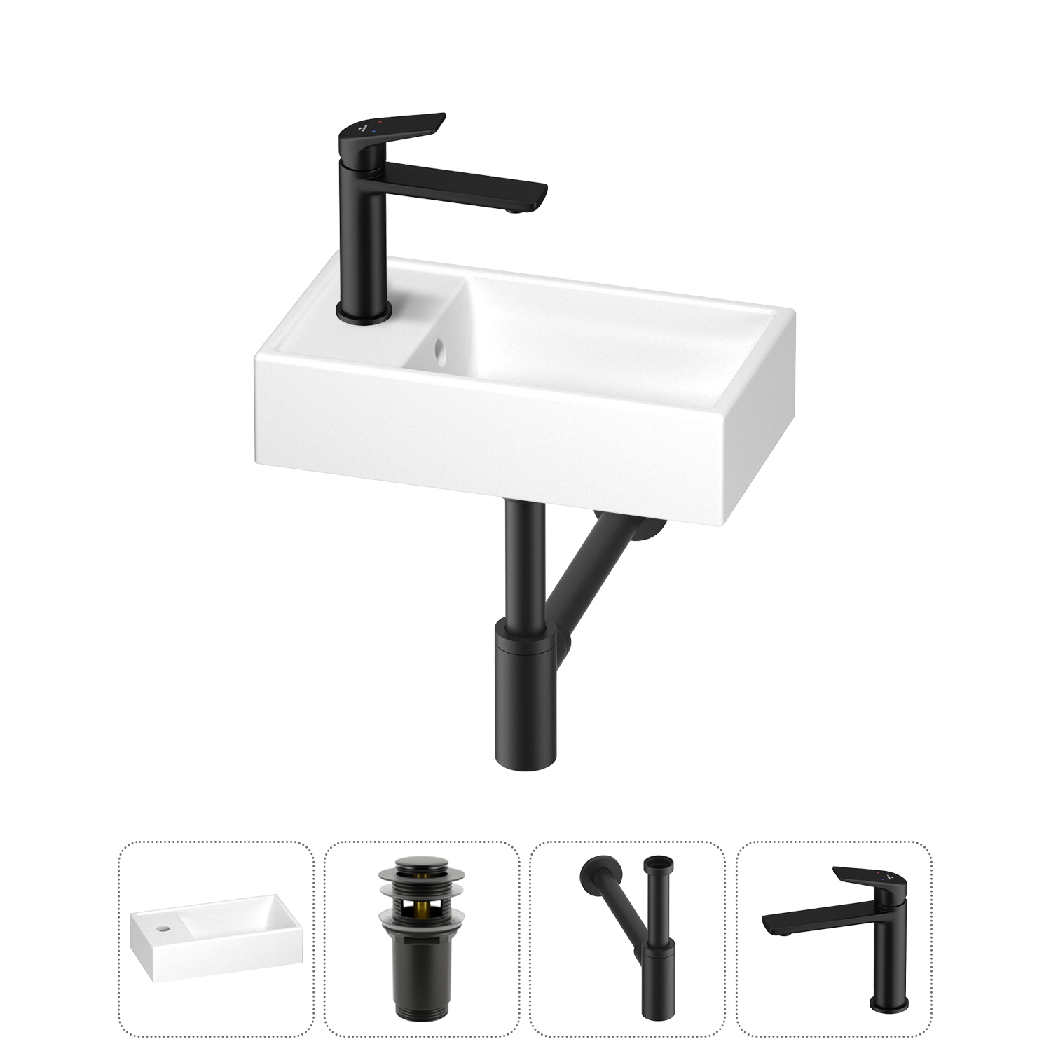 

Раковина Wellsee WC Area 202010496 40х22 с донным клапаном, сифоном и смесителем (цвет набора матовый черный), Белый, 202010496