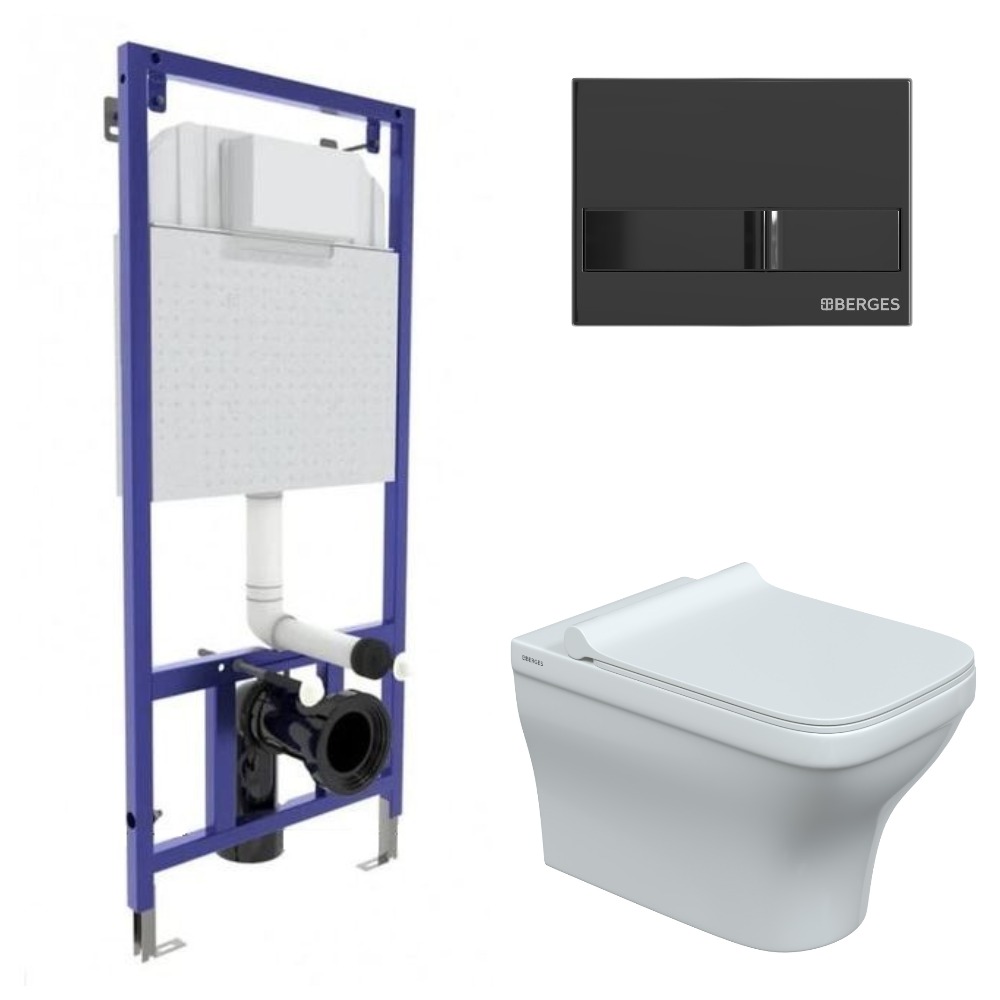 

Комплект Berges Wasserhaus 042454 инсталляция Novum + унитаз Strati Rimless + кнопка L6 черная, Белый, 042454