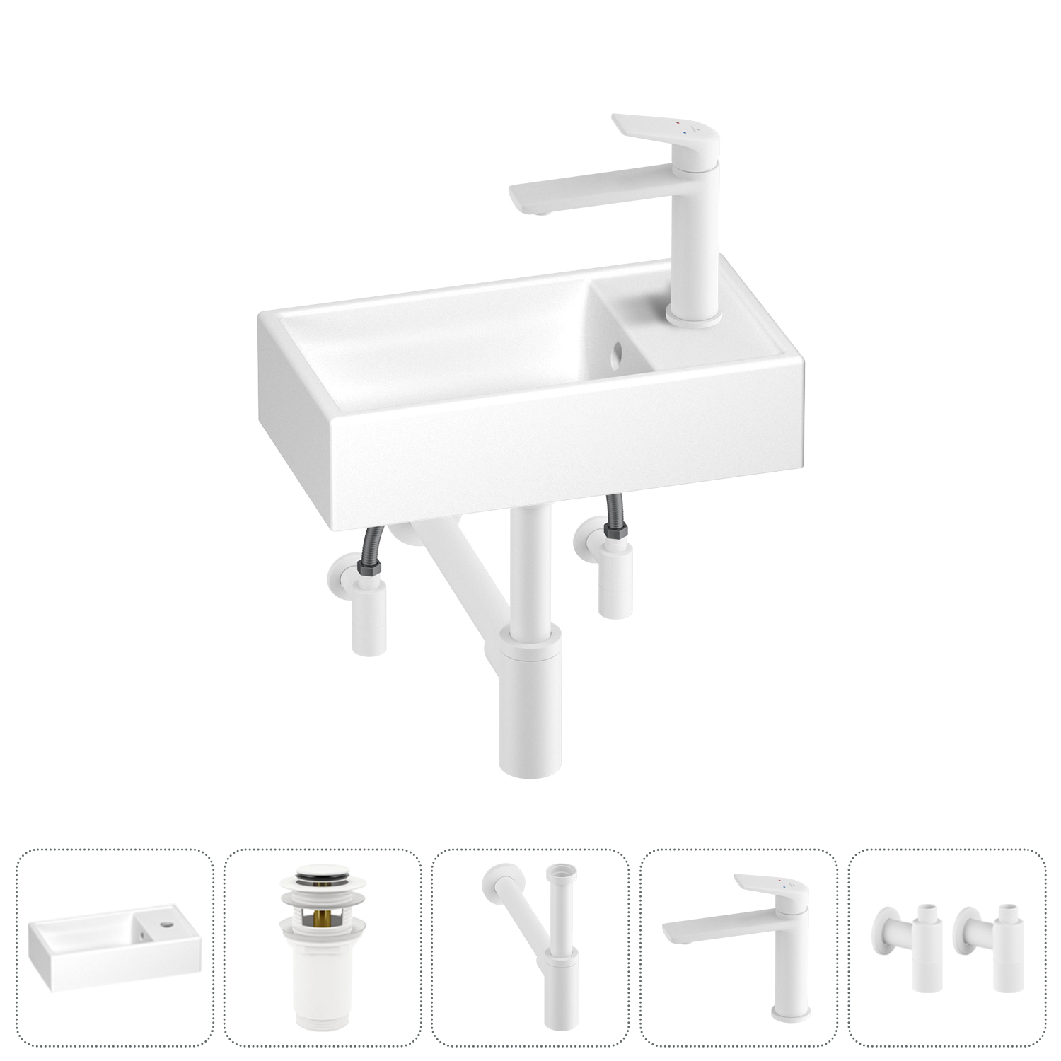 

Раковина Wellsee WC Area 202010470 40х22 с донным клапаном, с сифоном, смесителем и угловыми вентилями (цвет набора матовый белый), 202010470