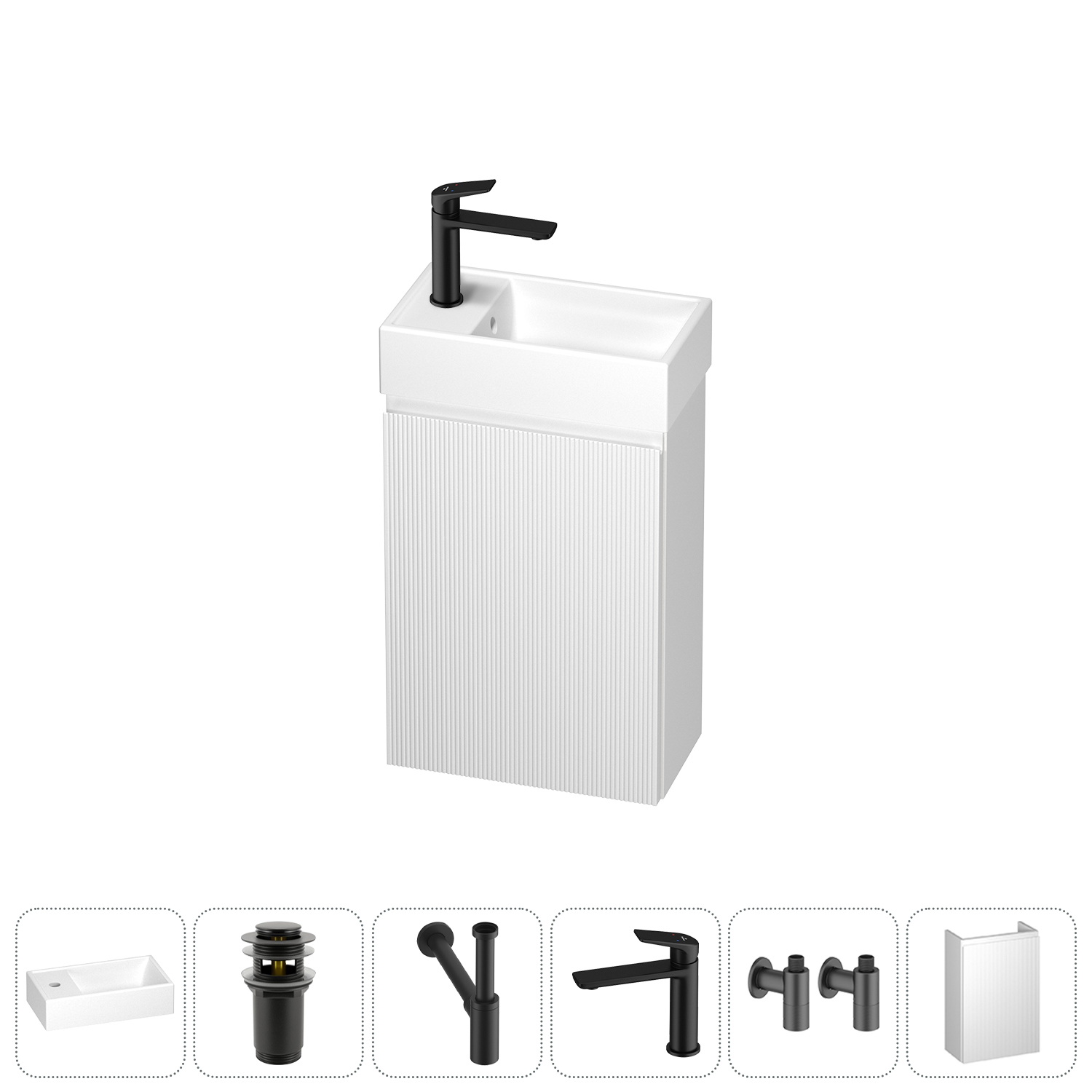 

Тумба с раковиной Wellsee WC Area 40 L подвесная, белый матовый (донный клапан, сифон, смеситель, угловые вентили (цвет набора матовый черный)), 202010504
