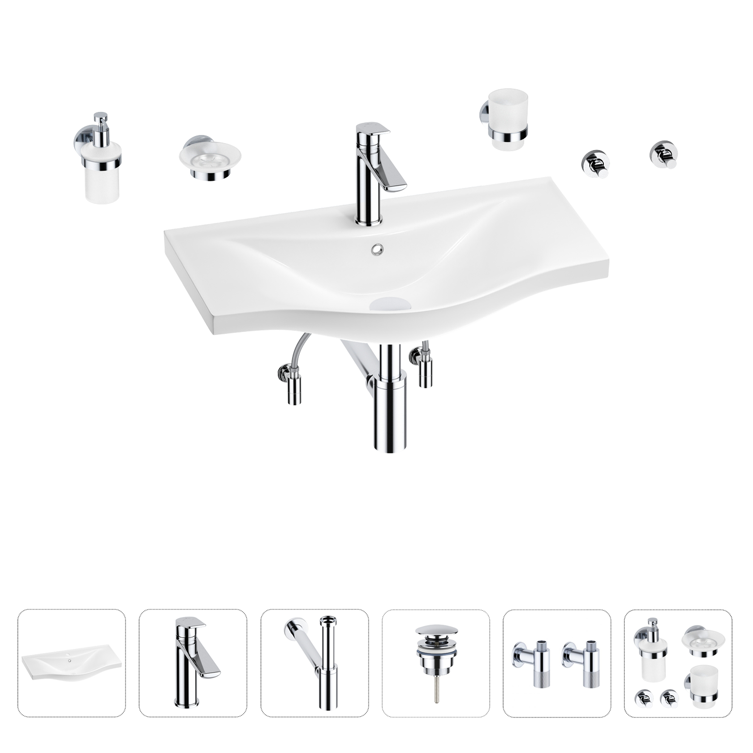 

Раковина для ванной Wellsee Bisou 201007351 в наборе 9 в 1, Нержавеющая сталь, 201007351