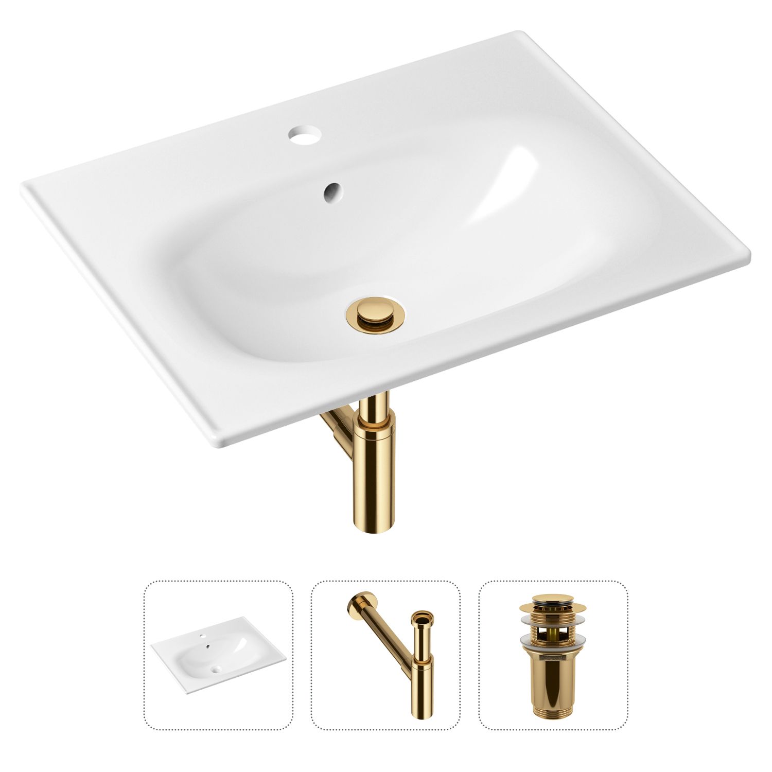 

Комплект 3 в 1 Lavinia Boho Bathroom Sink 21520471: врезная фарфоровая раковина 60 см, металлический сифон, донный клапан, Белый, 21520471