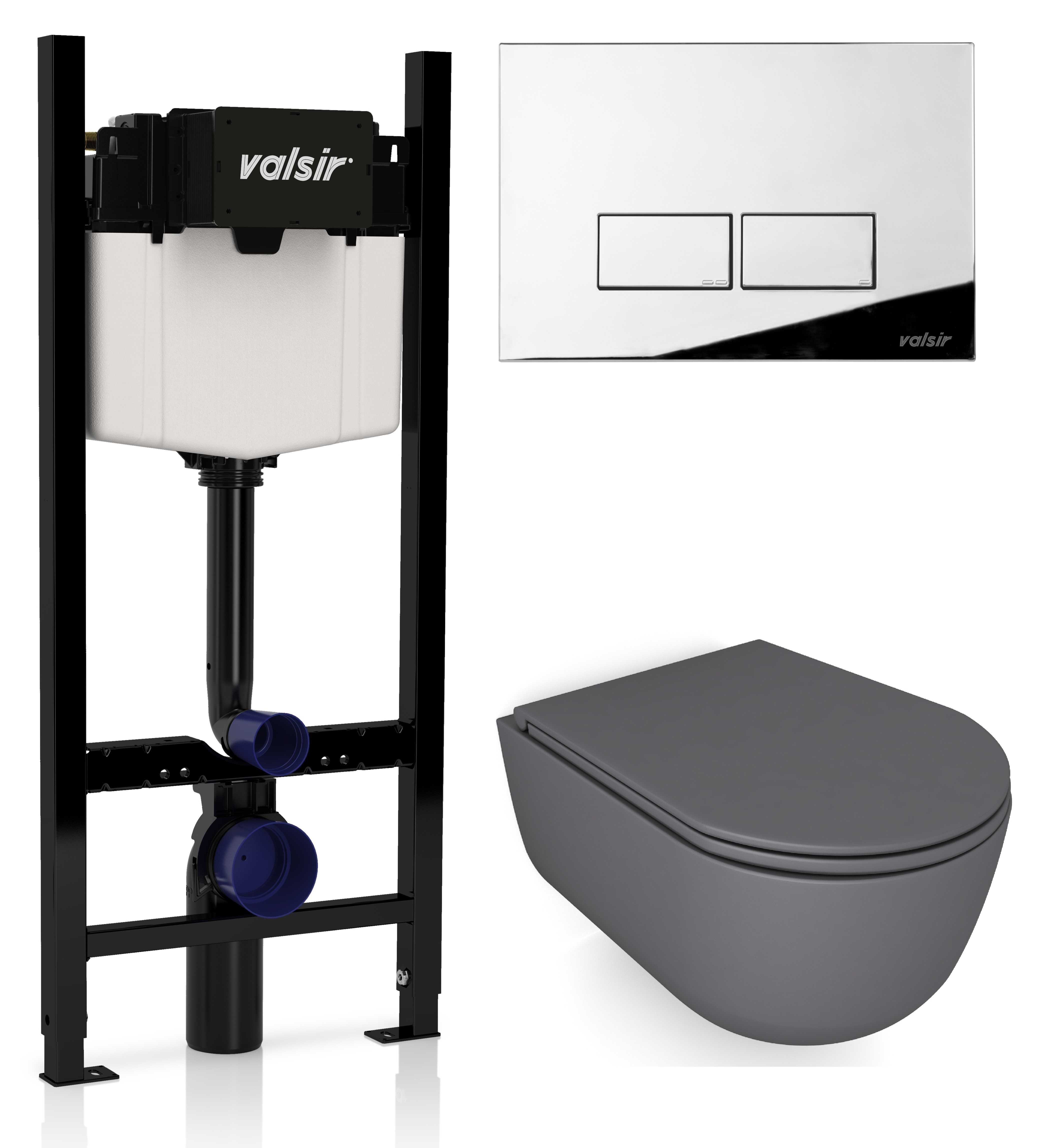 

Комплект унитаз с инсталляцией Valsir KIT VSCR 7334GM Slim P3 + сиденье + кнопка хром глянцевый, Серый матовый, KIT VSCR 7334GM Slim P3