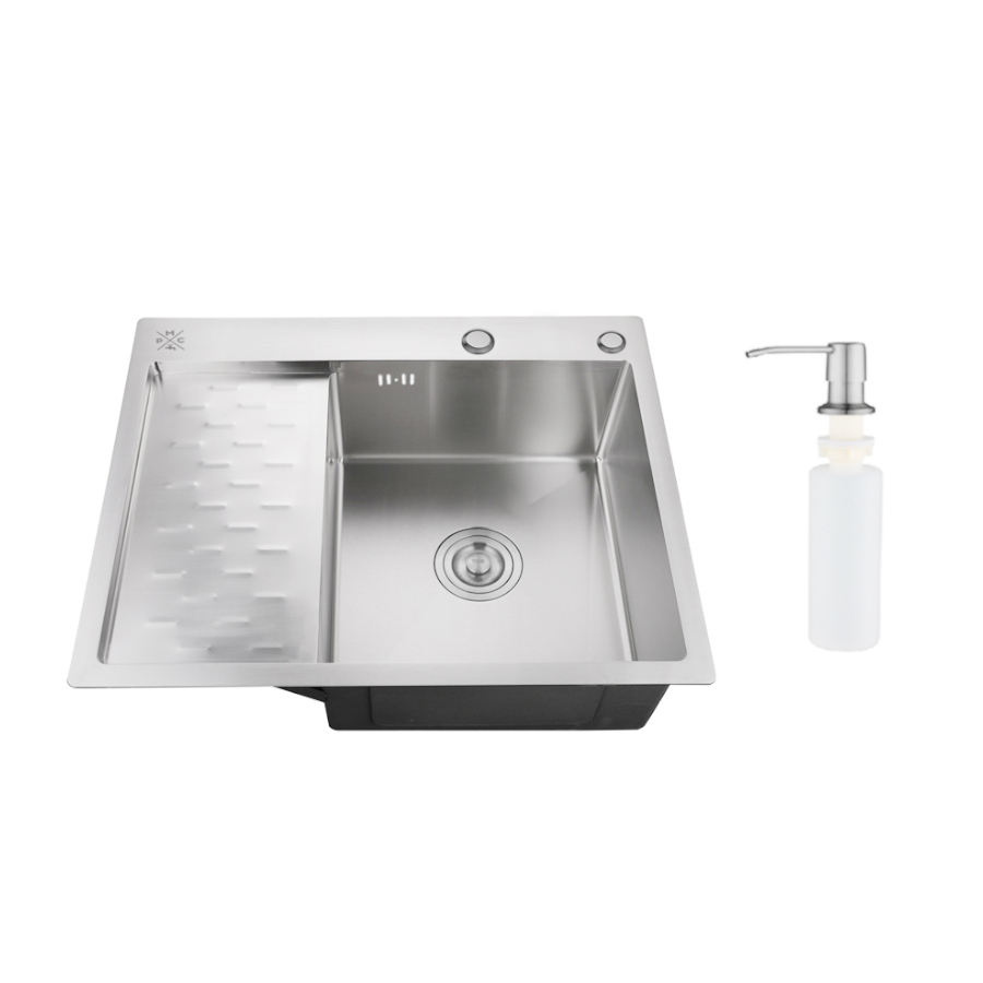 

Мойка кухонная Ростовская Мануфактура Сантехники (РМС) MRK-6350R с левым крылом, дозатор, нержавеющая сталь, MRK-6350R