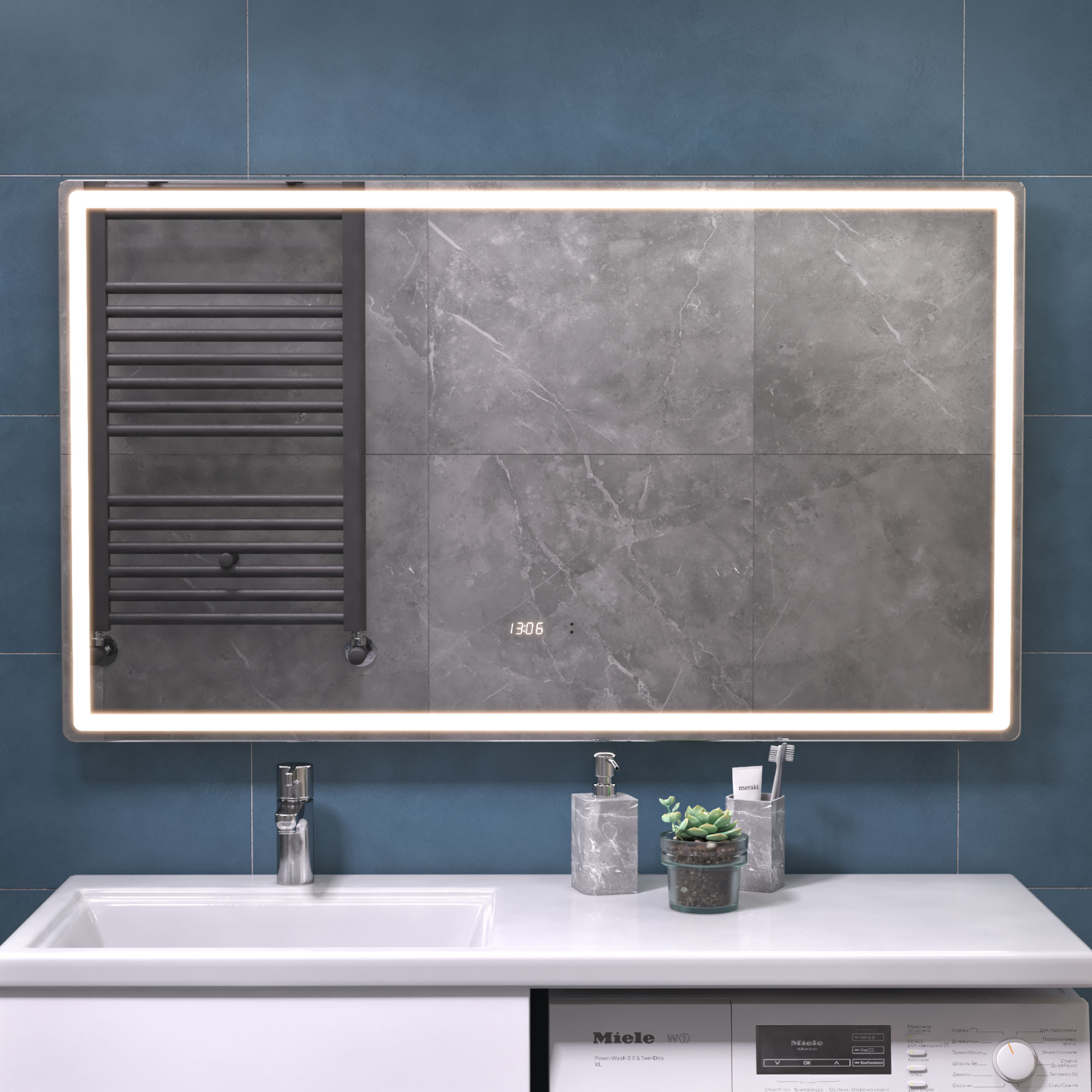 

Зеркало Vigo Geometry Luxe 120х70 с подсветкой, бесконтактное включение (на взмах), функция антизапотевания, часы, Белый, 212