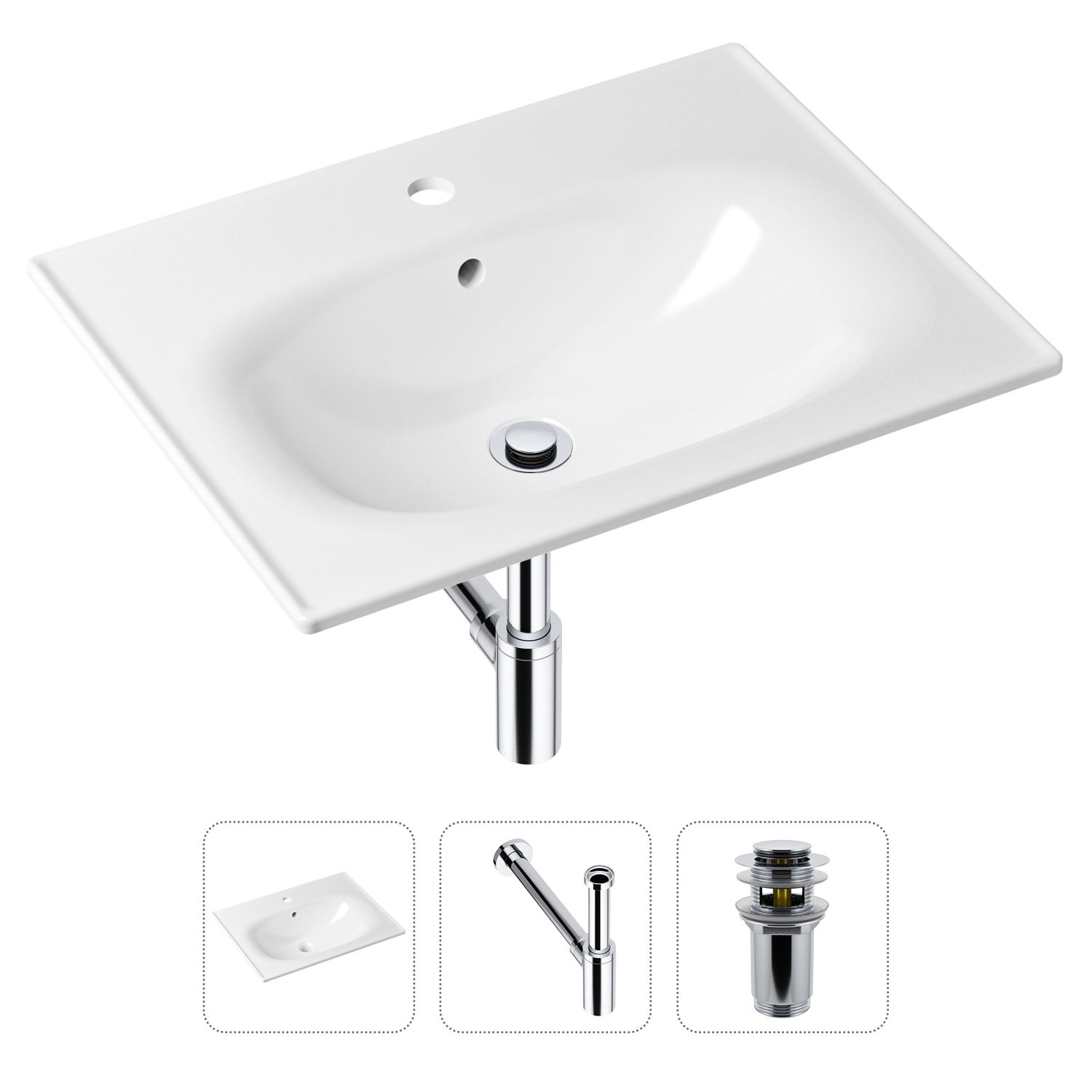 

Комплект 3 в 1 Lavinia Boho Bathroom Sink 21520437: врезная фарфоровая раковина 60 см, металлический сифон, донный клапан, Белый, 21520437