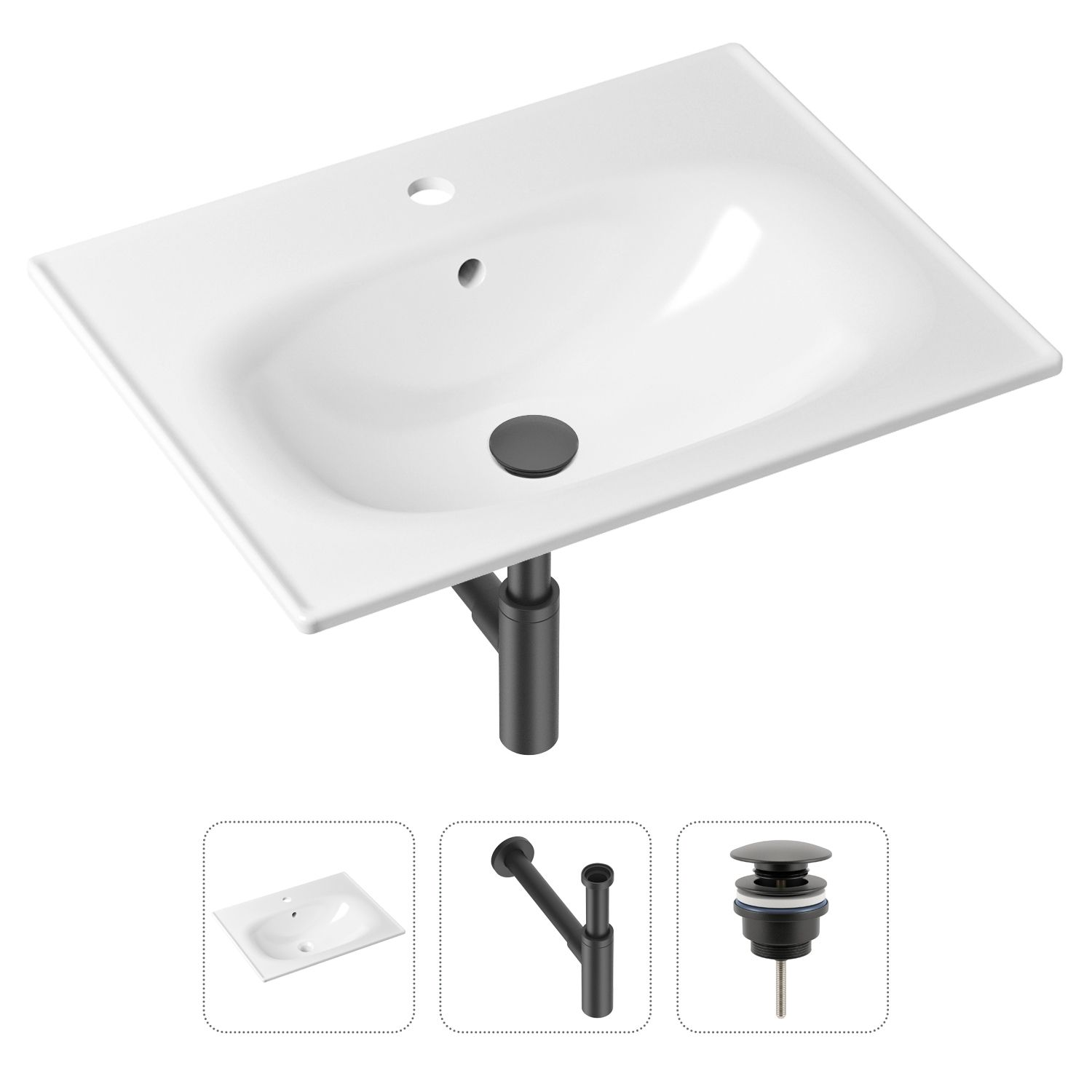 

Комплект 3 в 1 Lavinia Boho Bathroom Sink 21520470: врезная фарфоровая раковина 60 см, металлический сифон, донный клапан, Белый, 21520470