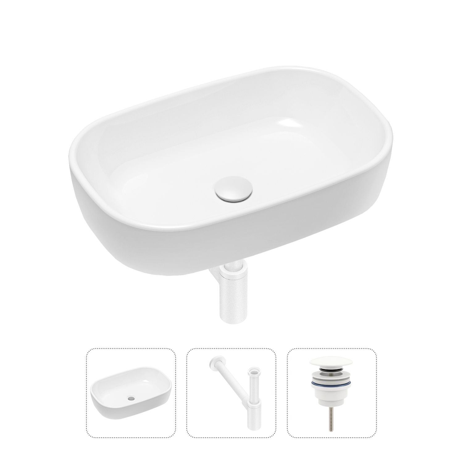 

Комплект 3 в 1 Lavinia Boho Bathroom Sink 21520014: накладная фарфоровая раковина 54 см, металлический сифон, донный клапан, Белый, 21520014